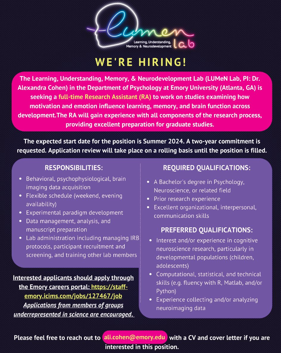 Ali Cohen (@aliocohen) on Twitter photo We are seeking a full-time Research Specialist to join our lab <a href="/EmoryPsychology/">Emory Psychology</a> in Summer 2024! You could be a LUMeNary ✨
Applications accepted here: staff-emory.icims.com/jobs/127467/job
And feel free to reach out to me! We are seeking a full-time Research Specialist to join our lab <a href="/EmoryPsychology/">Emory Psychology</a> in Summer 2024! You could be a LUMeNary ✨
Applications accepted here: staff-emory.icims.com/jobs/127467/job
And feel free to reach out to me!