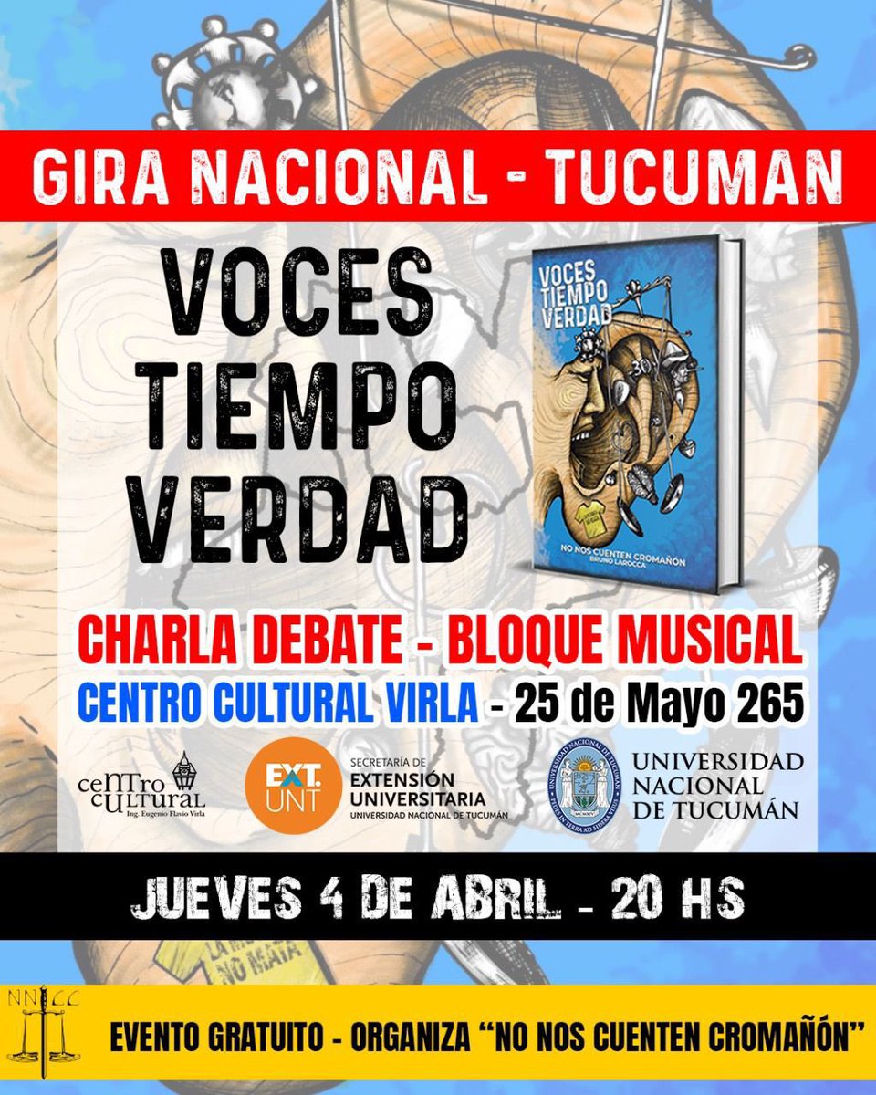#Tucuman / Este jueves en el Centro Cultural Virla, se presentará el libro “Voces. Tiempo. Verdad”. Una obra dirigida por la organización @Nonoscuenten y escrita por el gran @BrunoLarocca 📍 La entrada es libre. Les esperamos
