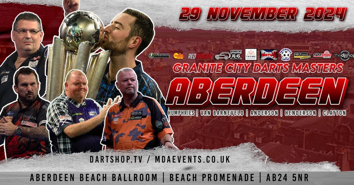 🏴󠁧󠁢󠁳󠁣󠁴󠁿 The Granite City Darts Masters 2024 🏴󠁧󠁢󠁳󠁣󠁴󠁿 🎟️ 👉🏻 bit.ly/AberdeenDS24 Aberdeen are you ready for World Class darts headlined by Gary Anderson and World Champion Luke Humphries 🔥🔥 Jonny Clayton, Raymond van Barneveld and Seniors World Champion John Henderson's homecoming.