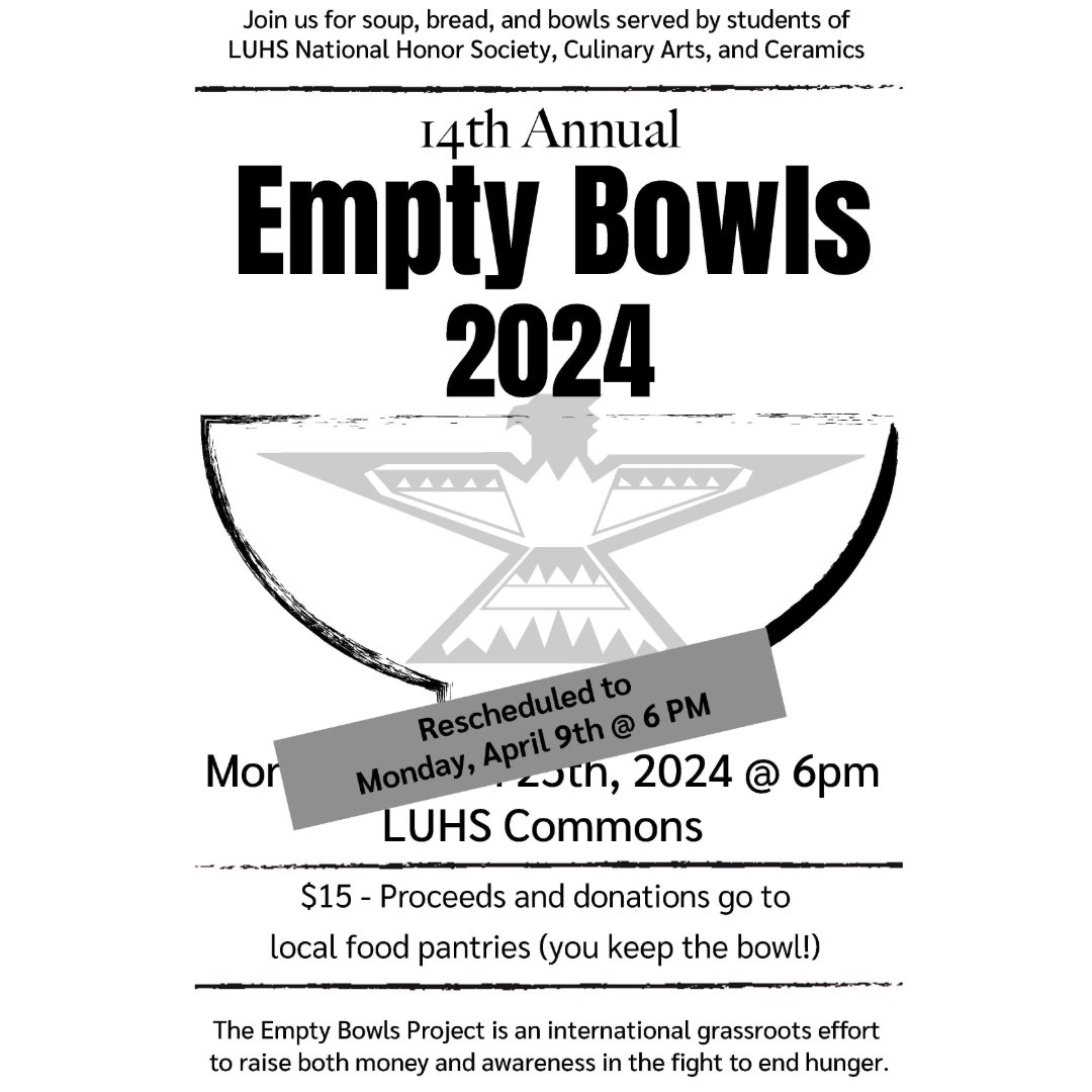 Jon us Monday, April 9th at 6pm for the Empty Bowls fundraiser.