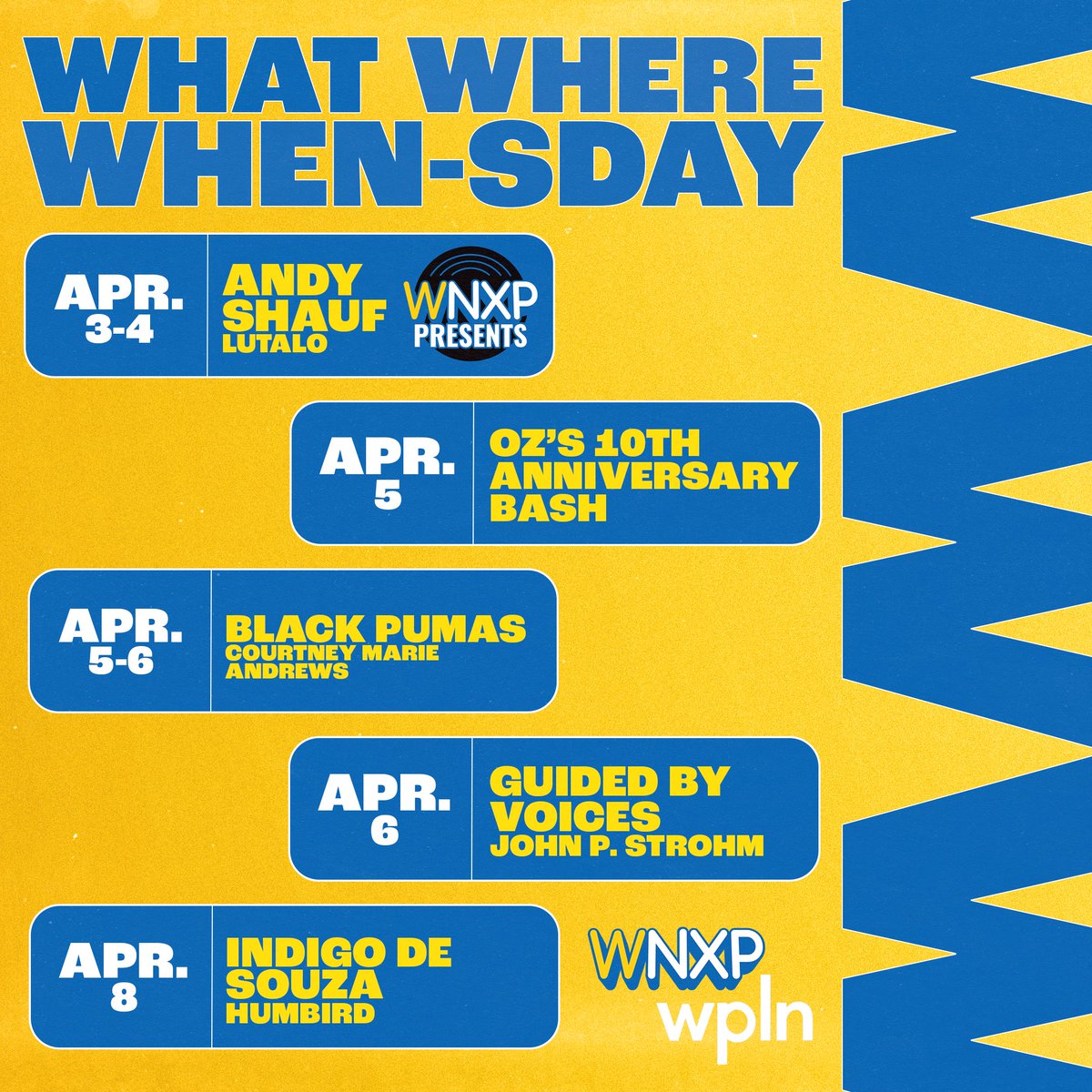 On today's What Where When-sday, we're talking with @OZArtsNashville about their 10th Anniversary Bash! Also this week in Nashville: WNXP Presents @andyshauf, @BlackPumasMusic, @_GuidedByVoices, and @IndigoDeSouza. More here: wnxp.org/what-where-whe…