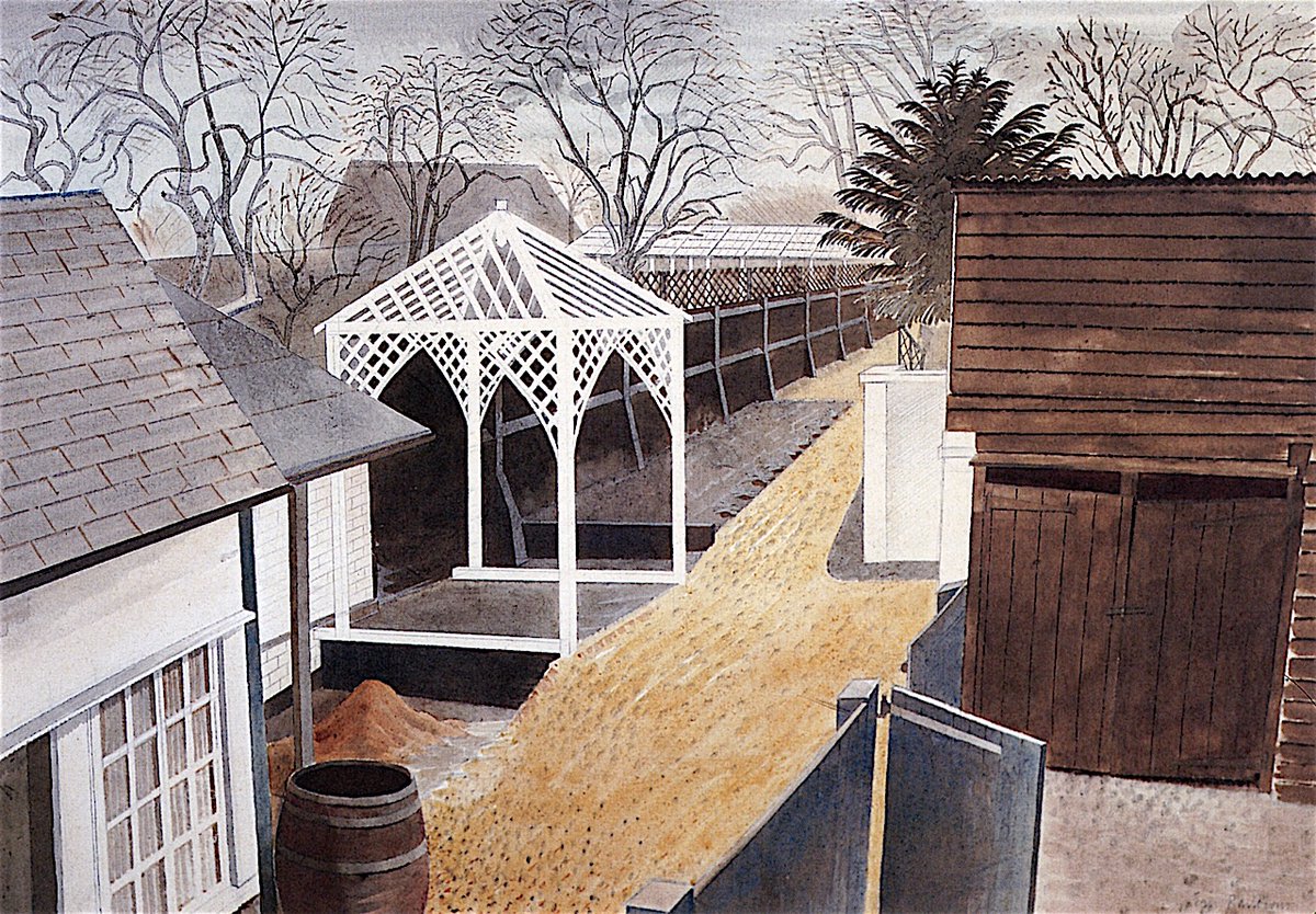 Garden Path, Eric Ravilious, 1934. It dates from his time at Great Bardfield in #Essex. The original artwork is in the collection of @TownerGallery.