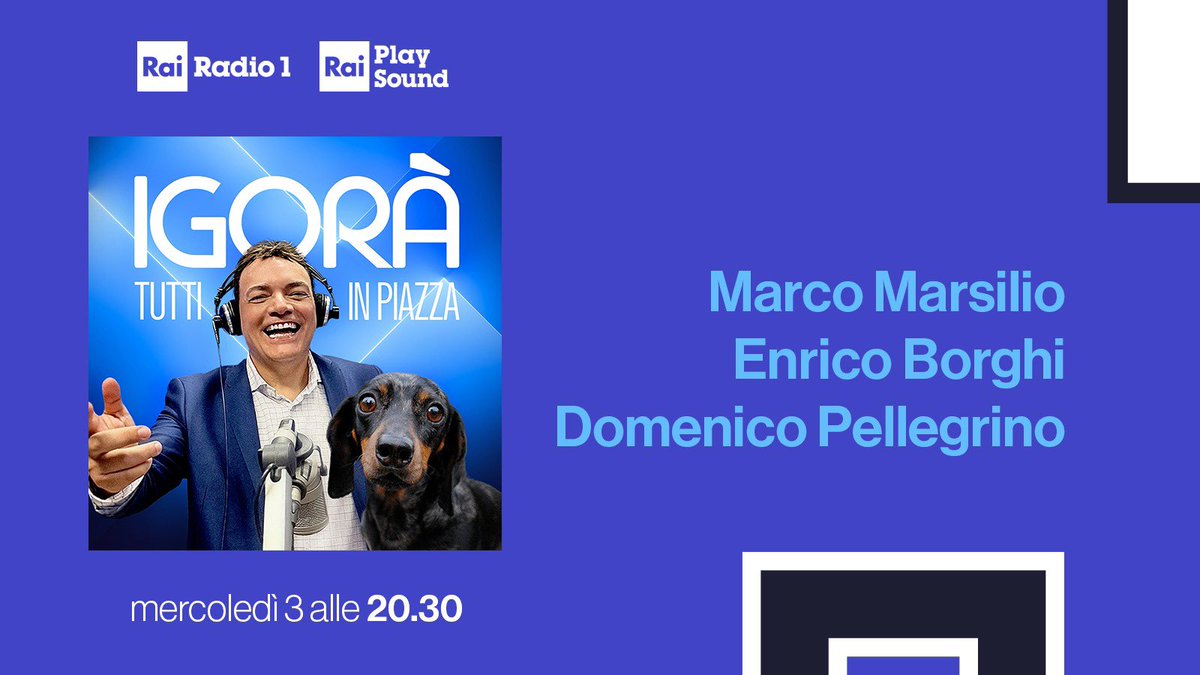 ❇️ Alle 20.30 ai microfoni di @igorrighetti ci sono @marcomarsilio, @EnricoBorghi1 e Domenico Pellegrino 🎧 ASCOLTA #Igorà su #Radio1 e su @raiplaysound 👉 raiplaysound.it/radio1