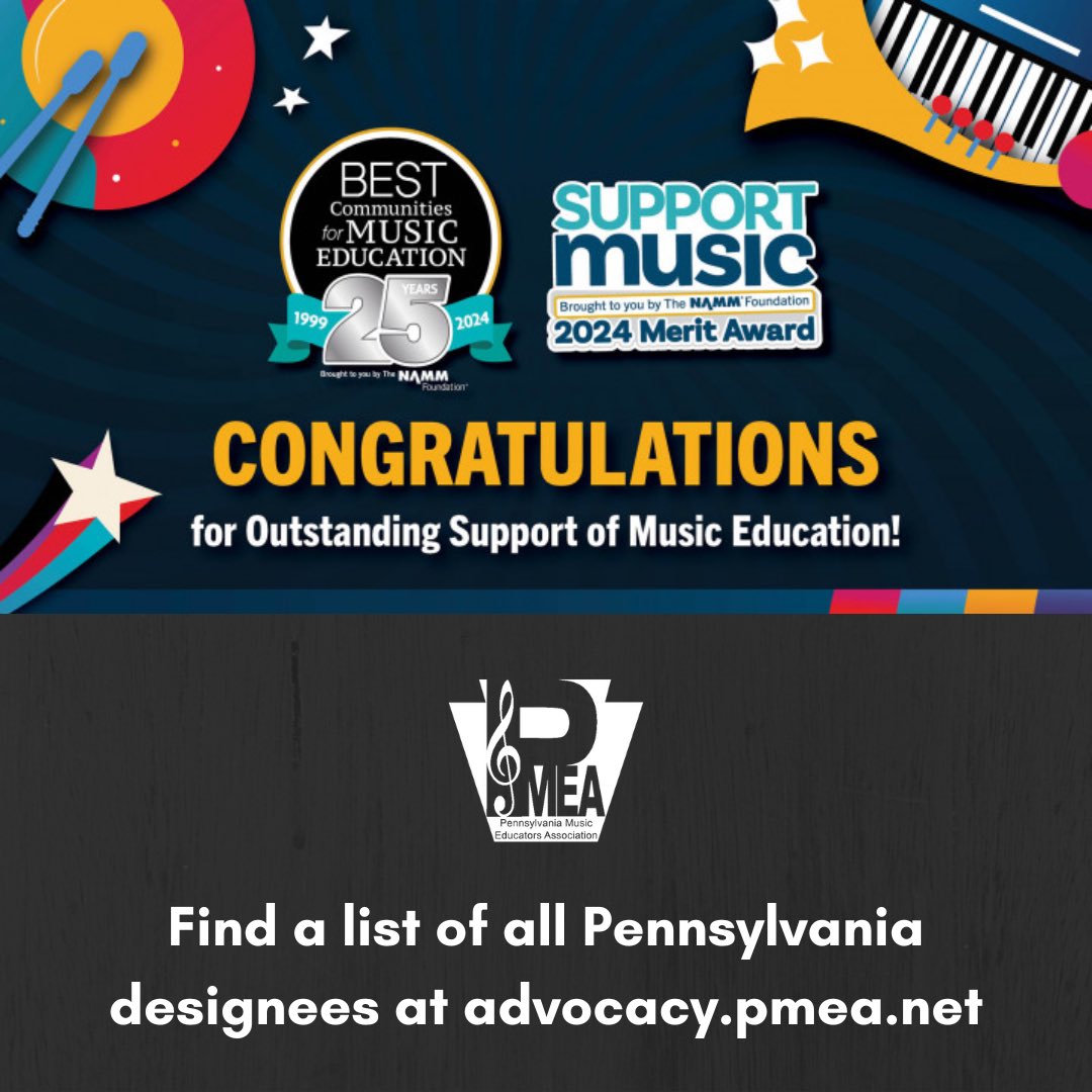 Congratulations to all of the Pennsylvania school districts and schools that were recognized as part of the 2024 NAMM Foundation Best Communities for Music Education program. advocacy.pmea.net/2024-namm-foun…