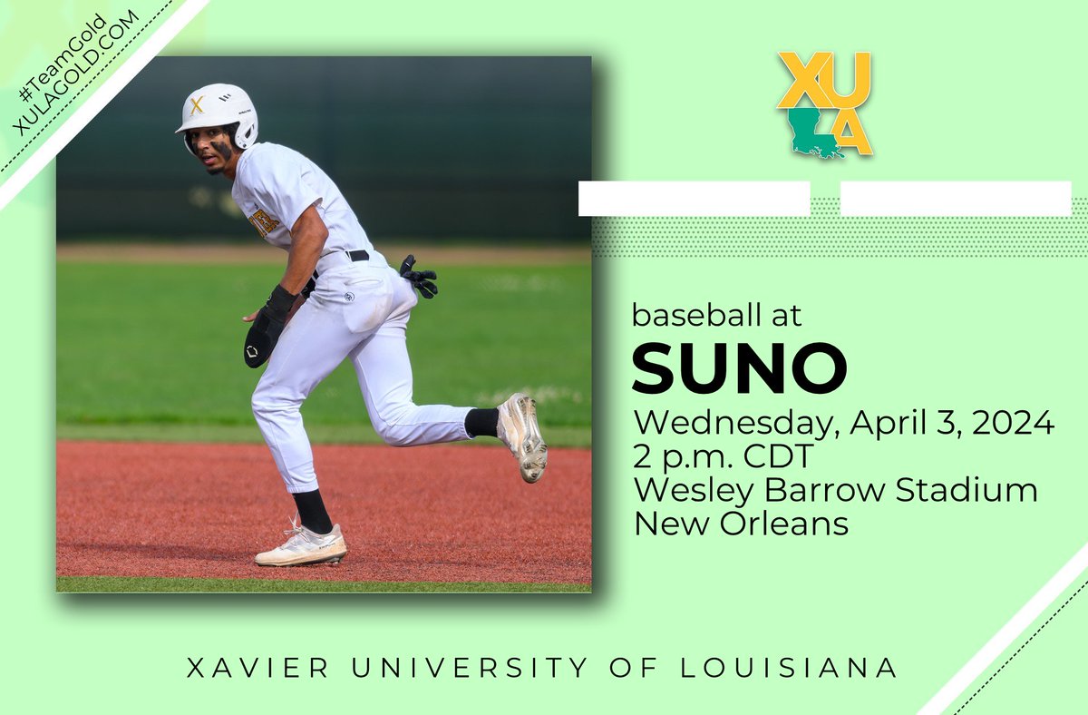 First pitch 2 p.m. #XULA, #SUNO will play one 9-inning game. Knights are the home team. Facebook Live coverage. stats: tinyurl.com/3ff997be #TeamGold #HailAllHailXU #NAIABaseball #HBCU