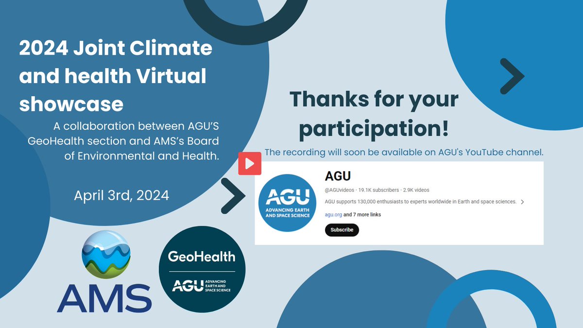 ✨Thank you for Joining today to the Joint 2024 AGU/AMS Climate & Health Showcase! 👏👏 to the speakers!✨The recordings will be available soon at @theAGU 📺YouTube Channel! Have a happy rest of the day! @AMS_Health @AguGeohealth