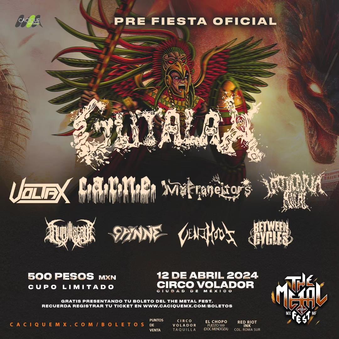 DavidBrisenoC1's tweet photo. Nos vemos 12 de abril en la pre fiesta #TheMetalFestMx en el @circovolador 

@AllMiseryMetal estará reventado junto a @GutalaxGore y gran talento nacional @Voltaxband #Carne #Marraneitors #urtikariaanal #Spinne #Venemous #BetweenCycles 

Gracias a @CACIQUEMx por la invitación https://t.co/hxFULYwfhN