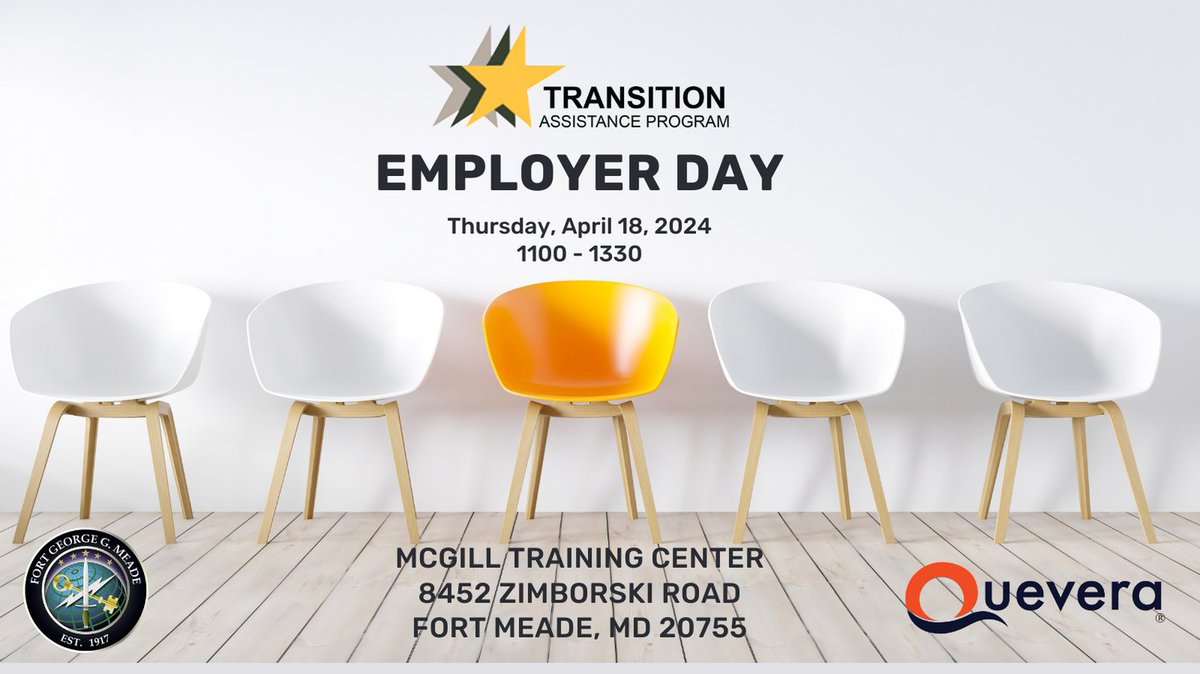 QueveraCorp's tweet image. Join us at #FortMeade&apos;s #TransitionAssistanceProgram Employer Day on April 18th, 11:00 AM - 1:00 PM! Connect with local employers, including Quevera, an IT company with TS/SCI with Poly positions. Register now by calling the TAPs office at (301) 677-9871! #Veterans