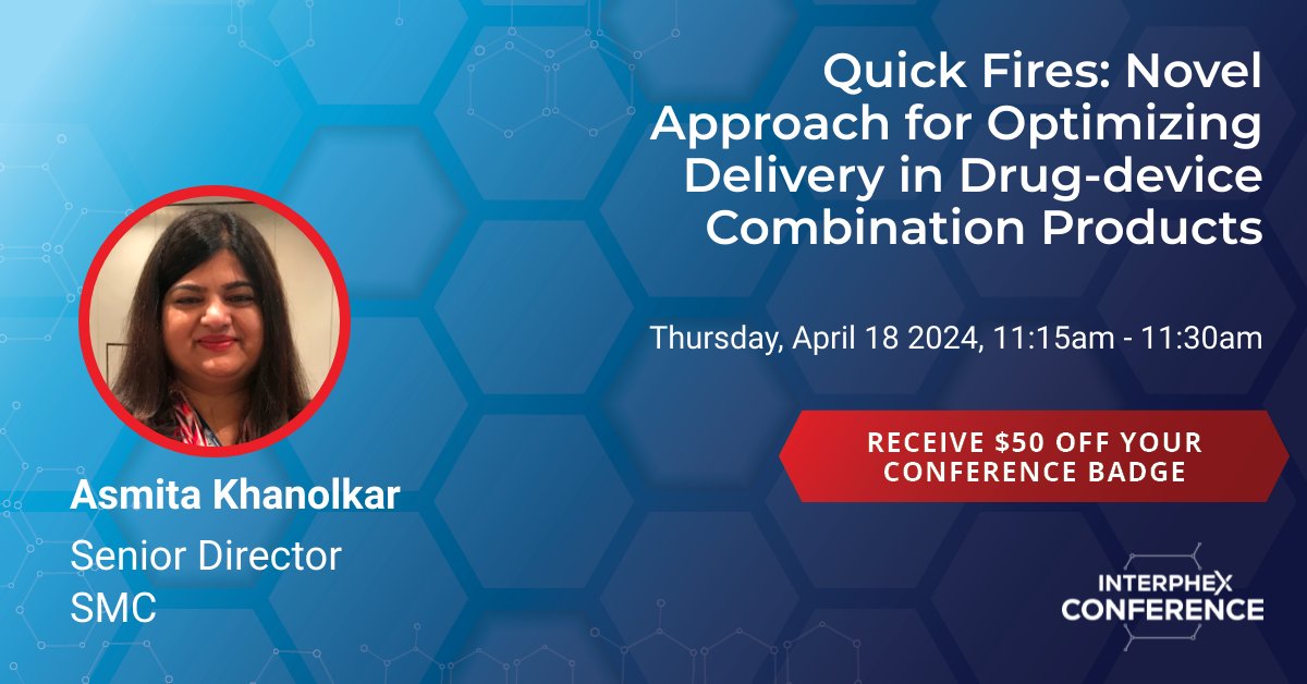 Join us during the Interphex conference April 18, where SMC’s Senior Director, Asmita Khanolkar will be presenting “Novel Approach for Optimizing Delivery in Drug-Device Combination Products.” Register to attend: hubs.la/Q02rHv190
