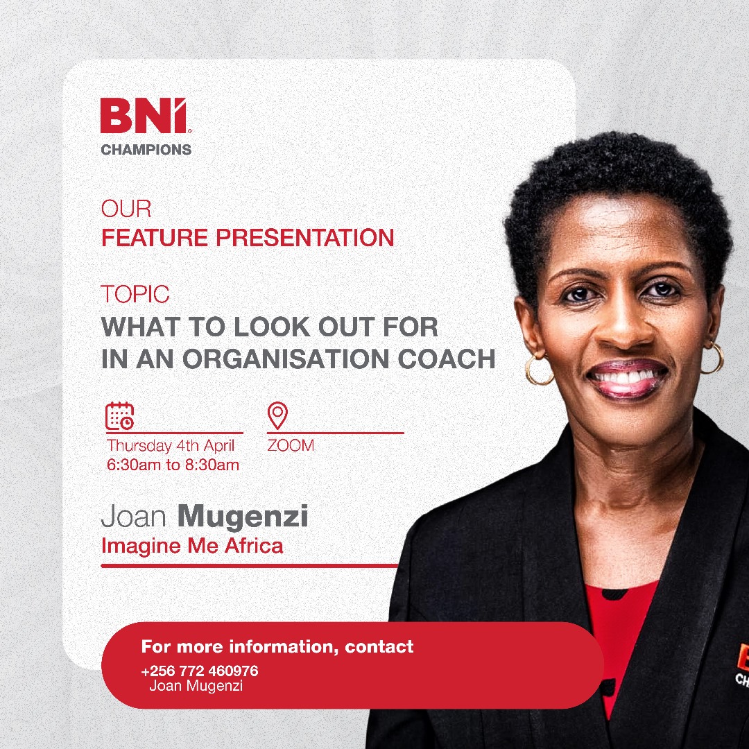 You cannot afford to miss this feature presentation with Joan Mugenzi, Topic: BNI Champions Meeting Time: Every Thursday at 06:30 AM Nairobi Join meeting through this link zurl.co/btaN Meeting ID 95837090644 Passcode 152485