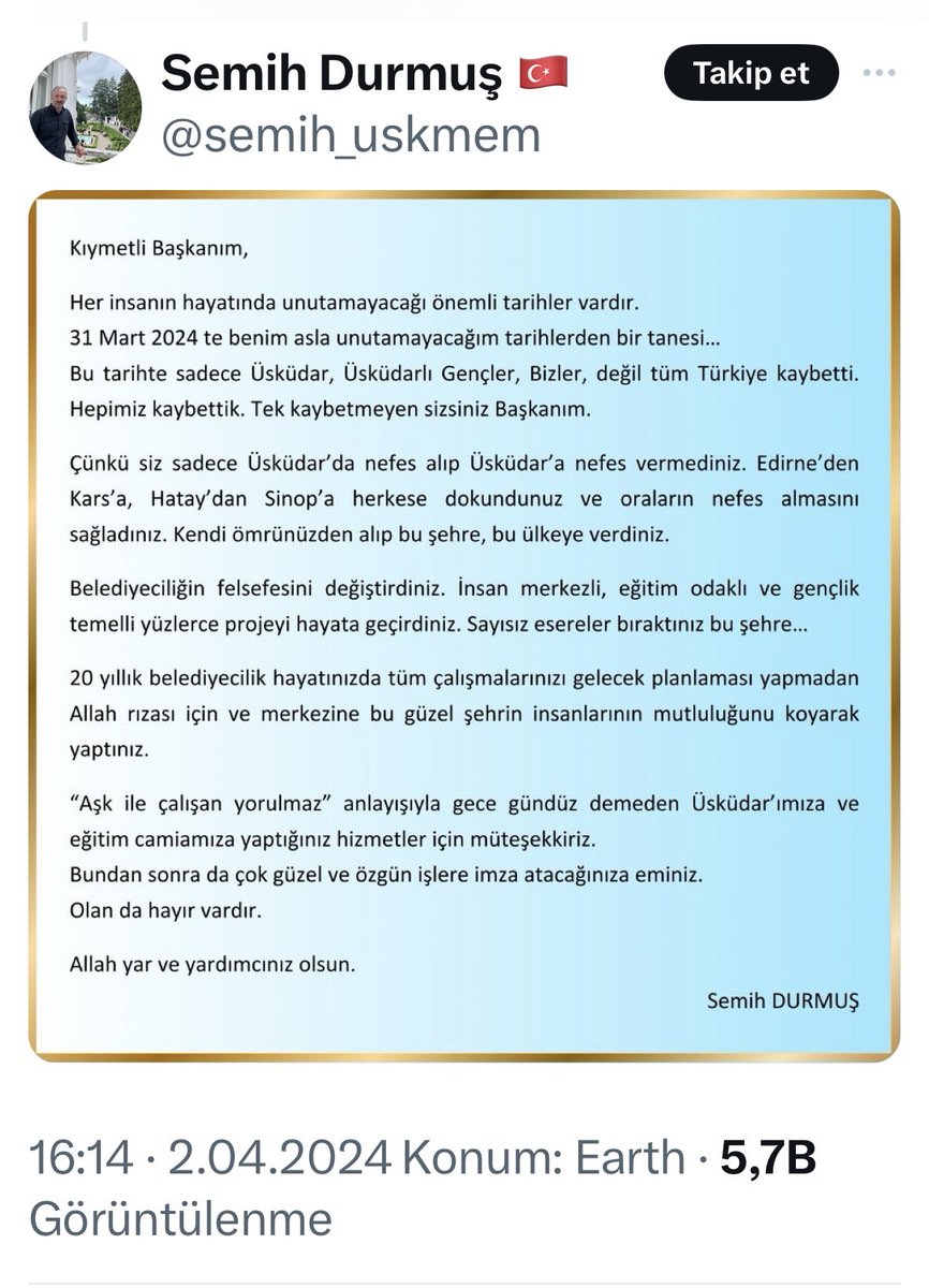 Birkaç sorum var: 
İlçe Milli Eğitim Müdürü memur değil mi? 
Memur her partiye oy vermiş vatandaşlara eşit mesafede olur diye biliyorum. 
Neden, bir belediye başkanı seçimi kaybedince tüm Türkiye kaybetsin ki? Hukukçular daha iyi bilir ama 657 Sayılı Devlet Memurları Kanunu’nun;