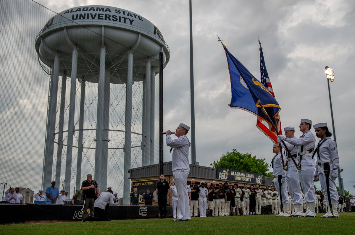 Last night, the @USSConstitution Color Guard and Navy Band Southeast presented the colors and sang the National anthem at the @BamaStateBB Alabama State Baseball game and Rear Admiral Charles “Mike” Brown threw the first pitch! Alabama State beat Mississippi Valley 13 - 6!!