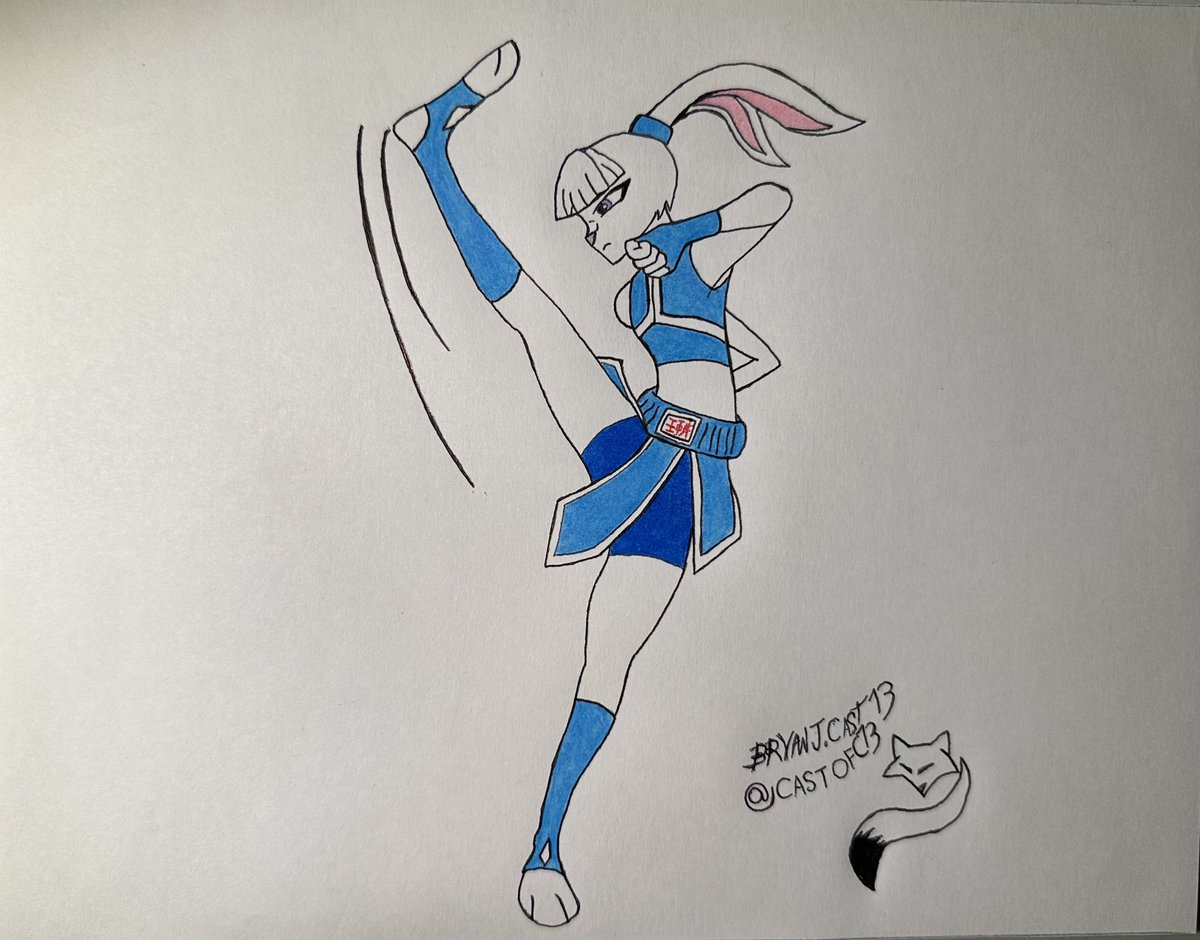 I Drew Aoi Sachi in her high kick pose ! 
#oc #anthrorabbit #femalerabbit #fightergirl #colorpencil #handdrawn #kickboxing #martialarts #highkickpose