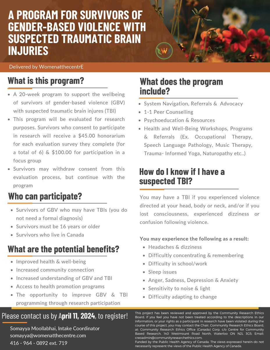 @WomenatcentrE launched a new 20-week program to support survivors of gender-based violence #GBV with suspected traumatic brain injuries #TBI! Email somayya@womenatthecentre.com or phone 416-964-0892 ext 719 to register. Registration closes on April 11.