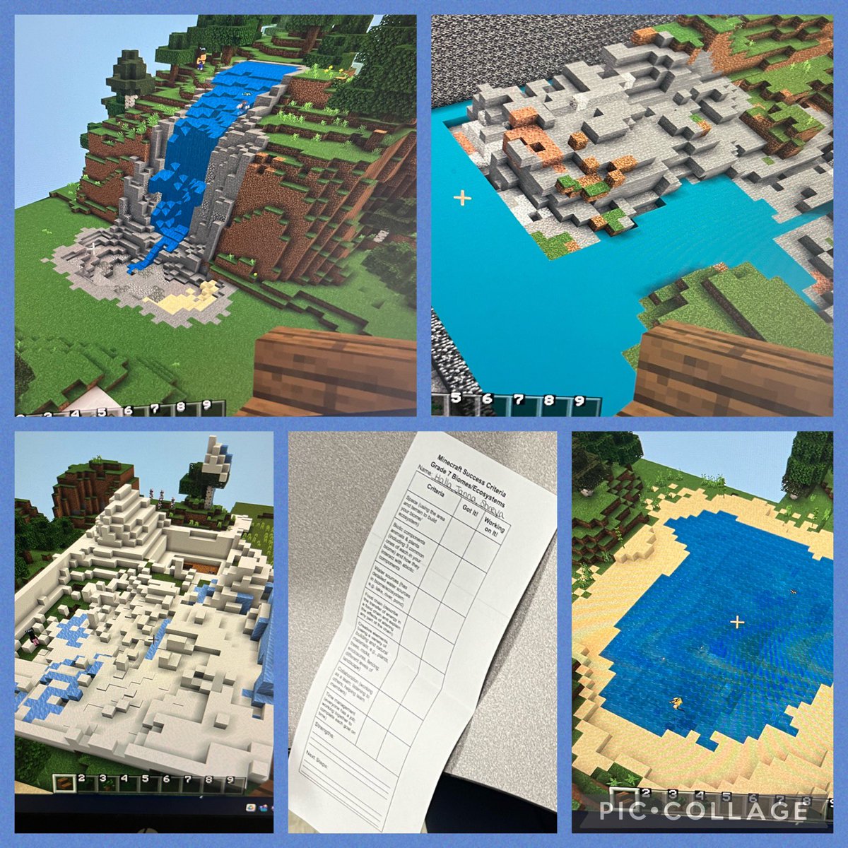 These biomes and ecosystems are looking excellent! Ss using the success criteria to help guide their builds and their researched information. Next, adding more vegetation and animals. Consumers, producers, and food webs. @cedarhollowps @PlayCraftLearn #thehollow 🏔️ 🌊 🌲 🌳