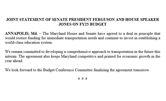 Please read my joint statement with @SpeakerAJones on our fiscal 2025 Budget agreement.