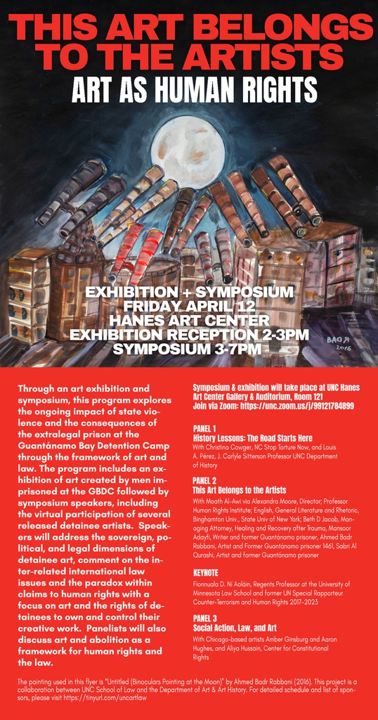 This Art Belongs to the Artists Exhibition explores the ongoing state impact of state violence and prison at the Guantánamo Bay Detention Camp through the framework of art and law. Begins next Friday, April 12 @ 2PM. Visit l8r.it/xPfK for more. #artists #humanrights