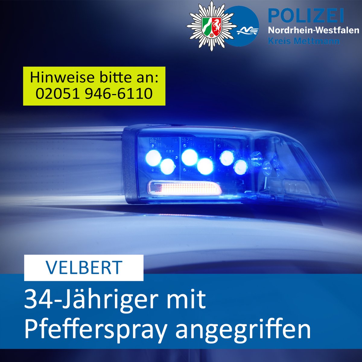 polizei_nrw_me's tweet photo. #Velbert: 34-Jähriger von Unbekanntem mit Pfefferspray angegriffen. 👉️ Hier geht es zur ausführlichen 📝 Pressemitteilung: https://t.co/l78BxEYwzV. Ihre #PolizeiME👮 https://t.co/gmy9wkAXHg
