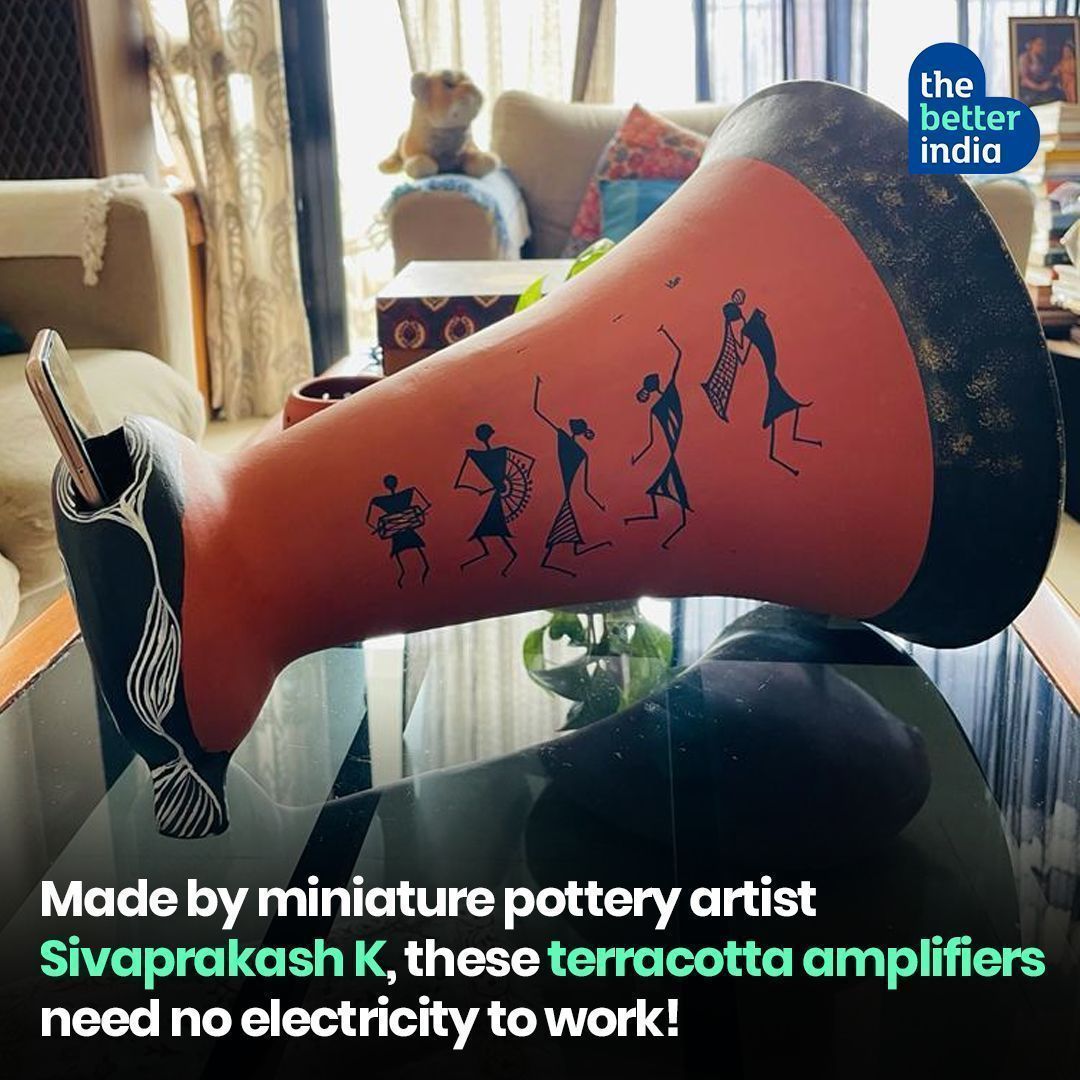 Sivaprakash's creation is a terracotta acoustic amplifier, or kaliman kolambi, which uses no electricity to play loud music from phones. 

Read more: buff.ly/3SZbNiC 

#saveelectricity #innovation #sustainableinnovation #saveenergy #clay #terracotta
