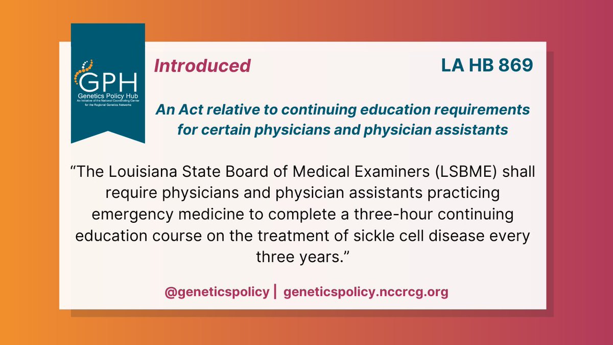 The #Louisiana House introduced a bill on April 2, 2024, to require physicians and physician assistants practicing emergency medicine to complete a 3-hour continuing education course on the treatment of #SickleCell disease every 3 years. Learn more at: bit.ly/43Icz8C
