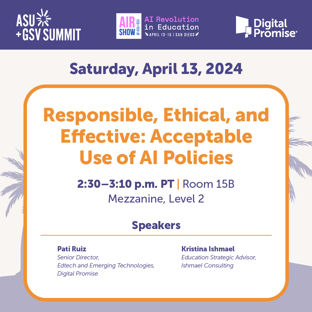 Join us at these two #ASUGSVAIRShow sessions on April 13! • Dive into #AI and professional learning for teachers with Judi Fusco, @pati_ru, and @nnekamcgee • Learn strategies for ensuring equitable access with @pati_ru and Kristina Ishmael