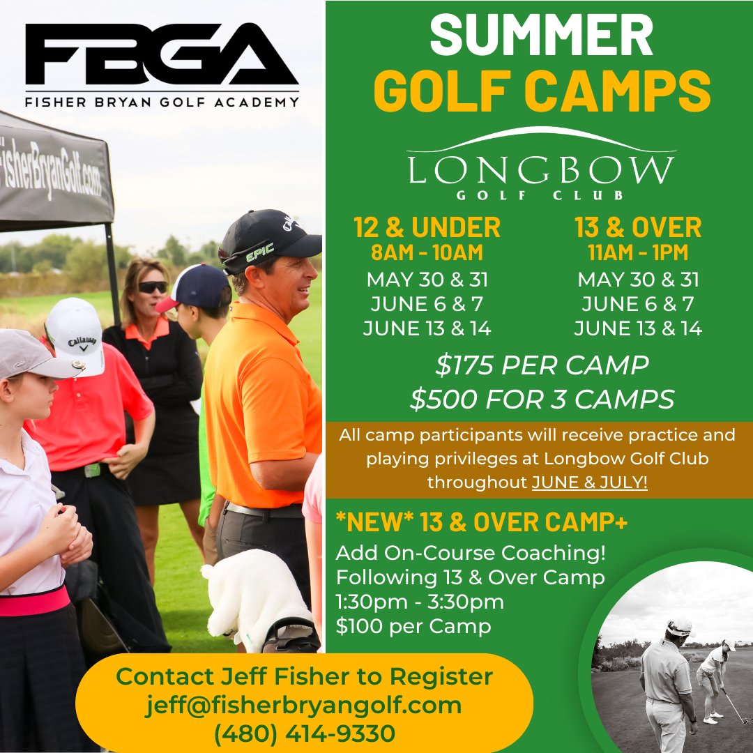 🌟⛳ Calling all junior golfers! ⛳🌟  Elevate your game this summer with the Fisher Bryan Junior Summer Camps at Longbow Golf Club! 🏌️‍♂️Perfect for young golfers eager to take their skills to the next level!

Contact Jeff Fisher TODAY to secure your spot! 
fisherbryangolf.com/summer-camps/