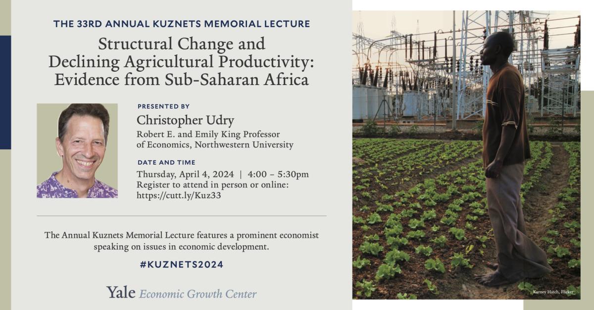 Join us tomorrow as we welcome back Chris Udry (@chrisudry) to present surprising new data about agricultural productivity. In person at @Yale and livestream - Info here: egc.yale.edu/events/kuznets…