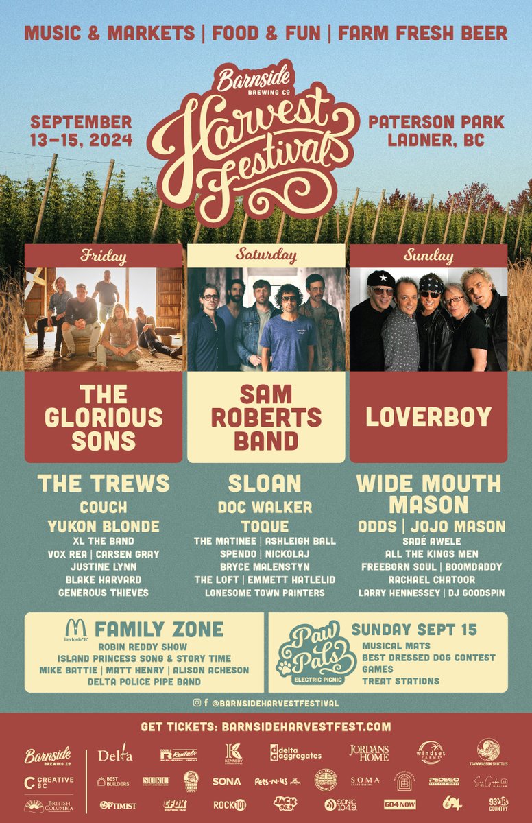 ICYMI: We are super amped to be coming back to Vancouver, as part of the @barnsidebrewing Festival SEPT 13-15. Ticket go On Sale This Friday April 05 at 10am Pacific barnsideharvestfest.com/line-up