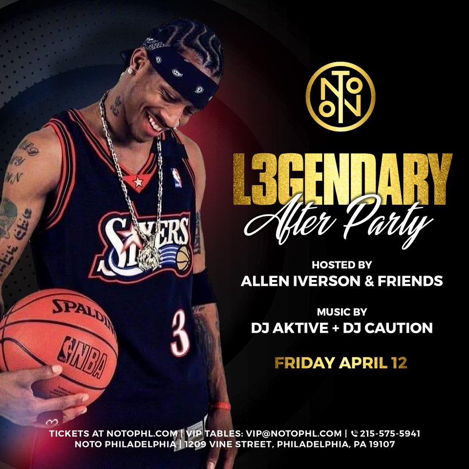 Legendary night incoming 🏆 Join us for the Official Allen Iverson Statue unveiling Afterparty hosted by @alleniverson & Friends on Friday, April 12! Tickets available now ‣ hive.co/l/noto041224

#notophl #alleniverson #philadelphia