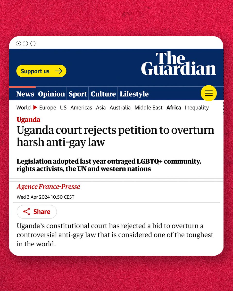 The Ugandan Constitutional Court refused to annul a law that imposes life-imprisonment for same-sex relations and death-penalty for “aggravated homosexuality.” Life is on the line for #LGBT+ Ugandans. We stand in solidarity with them. Sign up for updates: allout.lgbt/signupforemails