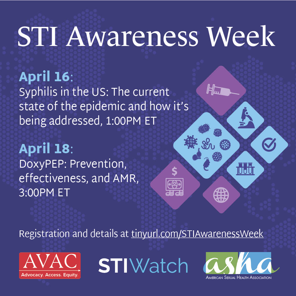 Syphilis infections continue to rise across the US while STI funding has been flatlined. AVAC & ASHA are hosting a webinar on syphilis with representatives from the National Syphilis and Congenital Syphilis Syndemic Federal Task Force. Register at: tinyurl.com/STIAwarenessWe…