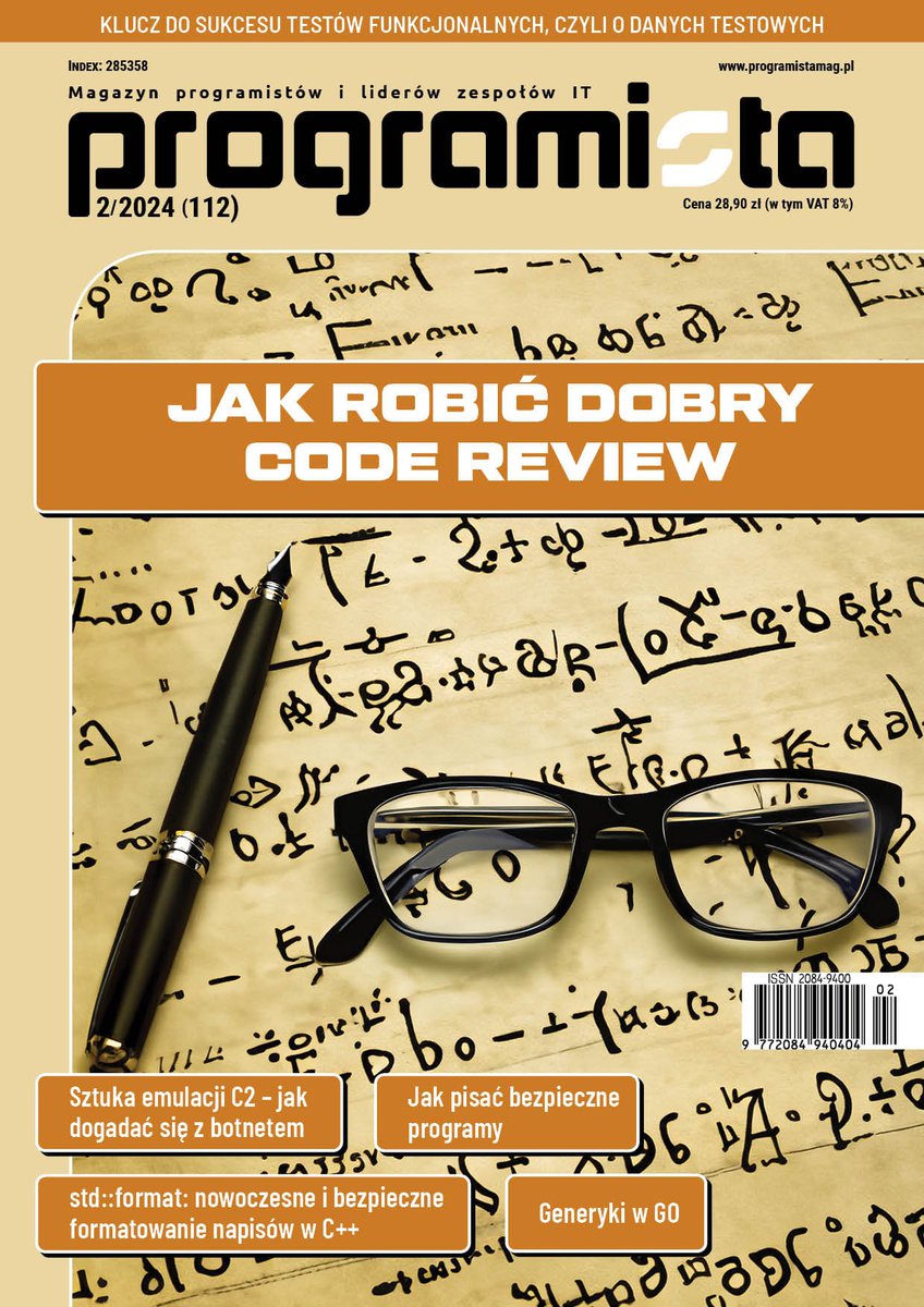 (PL) Polecam nowy numer magazynu Programista 2/2024 (112) – kwiecień/maj 2024, a w nim mój artykuł 'Jak robić dobry code review'. Obojętnie jakiego języka programowania używasz. programistamag.pl/programista-22…