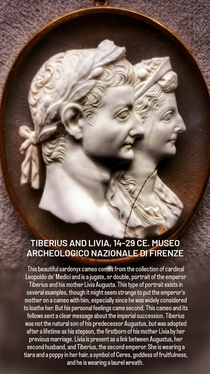 The odd couple of #Tiberius and #Livia feature on a beautiful #cameo in the @MAF_Firenze for this week's #ReliefWednesday. After the death of #Augustus, Livia continued to exercise tremendous power despite her son's hostility. He needed her, and she knew it.