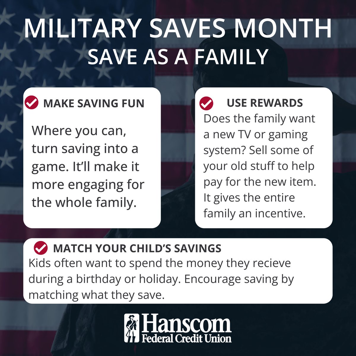 #MilitarySavesMonth is coming to an end, but the savings doesn’t have to stop. Make money a family affair by encouraging saving alongside your family. Here’s just a few examples how you can get everyone in on the financial fun. #SaveAsAFamily