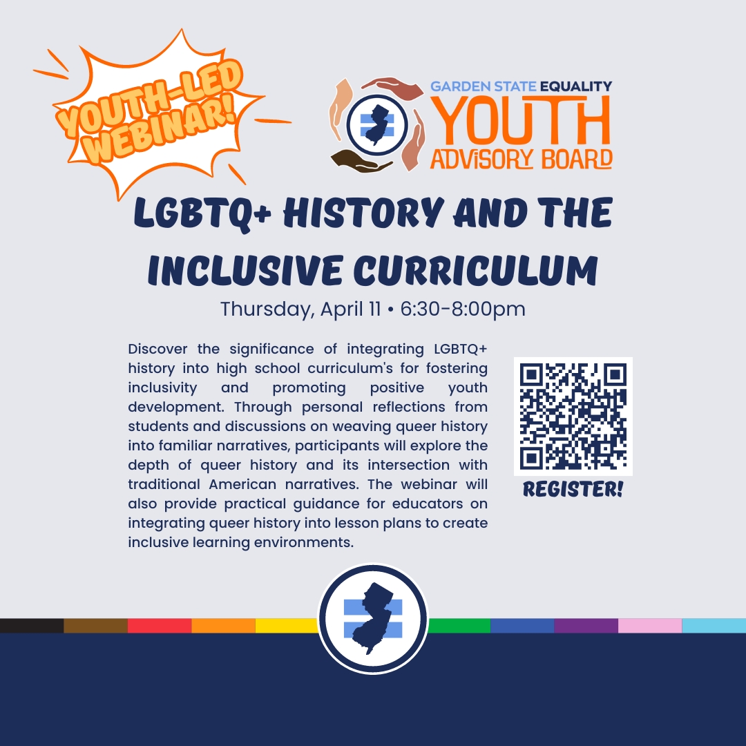 Join our Youth Advisory Board for a webinar on LGBTQ+ history and the importance of an inclusive curriculum! >> secure.everyaction.com/KjybzRdEVEKTU9… Stay tuned for more youth-led webinars throughout the spring! #LGBTQ #LGBT #queer #trans #transgender #NewJersey #NJ