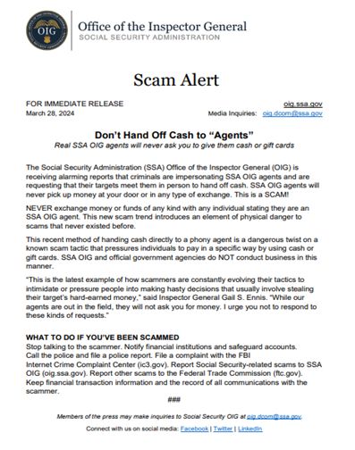 ⚠️ Beware of Social Security scams! ⚠️ 

Scammers are impersonating Social Security Administration officials to steal personal information. Remember, the SSA will never ask you to meet in person to exchange money or funds.

Please see the below release for more information.
