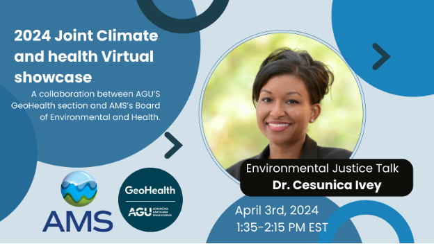 Our AMS/AGU Showcase on Climate & Health continues at 1:35 EST with Dr. Cesunica Ivey (@dr_sun_shine) providing an important and thought-provoking Keynote on “Air Pollution and Environmental Justice in California” – 1:35pm ET. @ametsoc @AguGeohealth