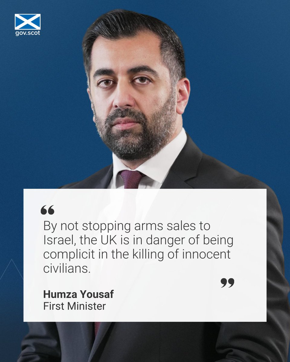 First Minister @HumzaYousaf has called for an end to arms sales from the UK to Israel in a letter to the Prime Minister. It comes after three British aid workers were among those killed in an Israeli air strike. ℹ️ gov.scot/news/first-min…