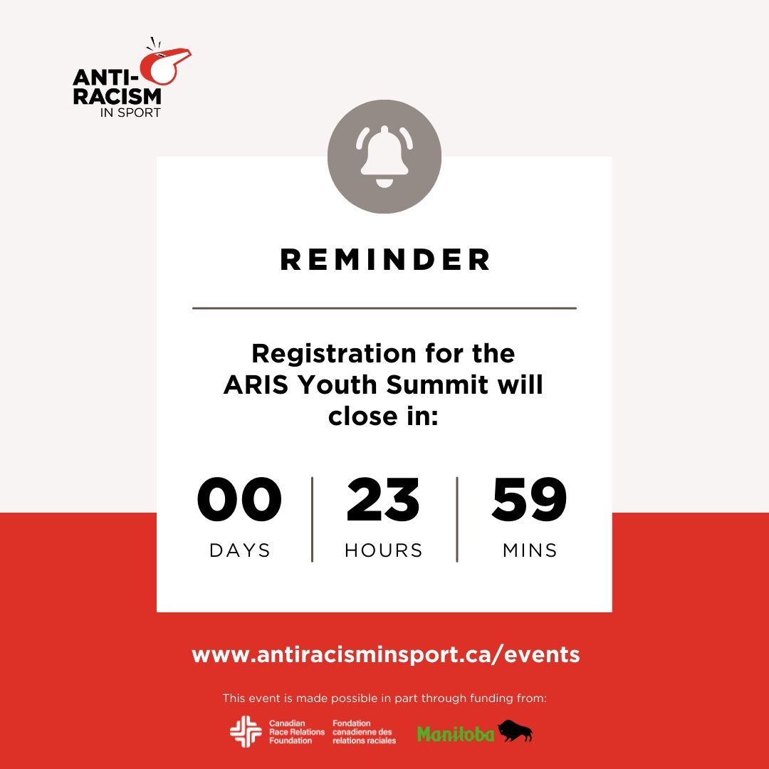 Hurry! Last day to register for FREE Anti-Racism in sport Youth Summit! Open to youths up to age 29 and adults in youth programming. Join the conversation. Sign up for free at buff.ly/3zPMrKM #youth #ARISC #winnipeg #sport