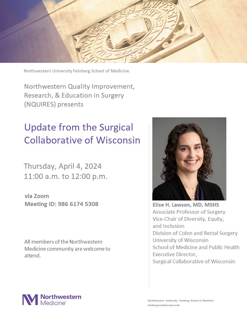 Dr. @Eliselawson is joining us for our weekly @NQUIRES1 seminar tomorrow morning with an update from the Surgical Collaborative of Wisconsin