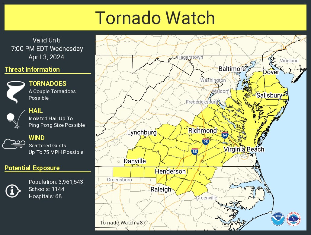 A tornado watch has been issued for parts of Delaware, Maryland, North Carolina and Virginia until 7 PM EDT