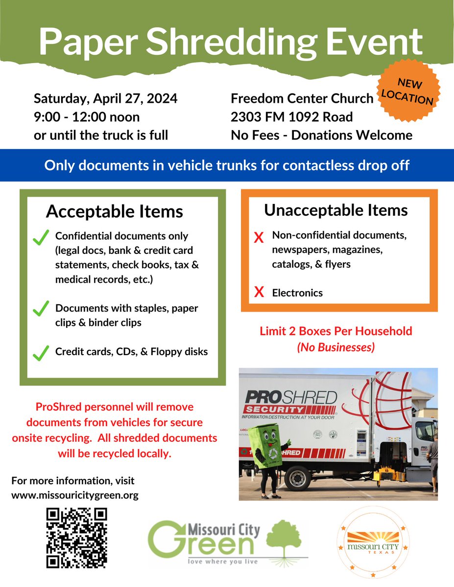 Are documents collecting dust in your home? Bring them to the Freedom Center Church on April 27th, for proper disposal. Check out the flyer for acceptable items. We look forward to seeing you at our annual Paper Shredding Event!