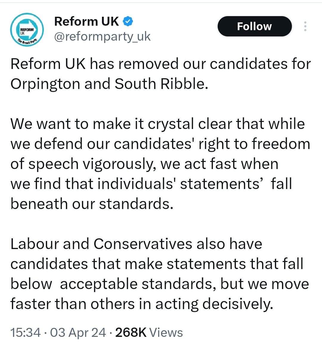 I don't think it is the case that the Conservatives, Labour, LibDems or SNP have kept candidates who have crossed the ĺine of the 7 Reform candidates recently suspended for overt racism