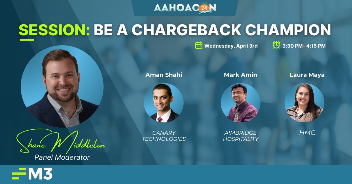 ❗ AAHOA attendees ❗ Don't forget to join Shane Middleton, Strategic Partnership Manager at M3, at 3:30 today!  'Be A Chargeback Champion' at #AAHOACON24 is going to begin soon, so don't miss out on this insightful session. 
#M3Excellence