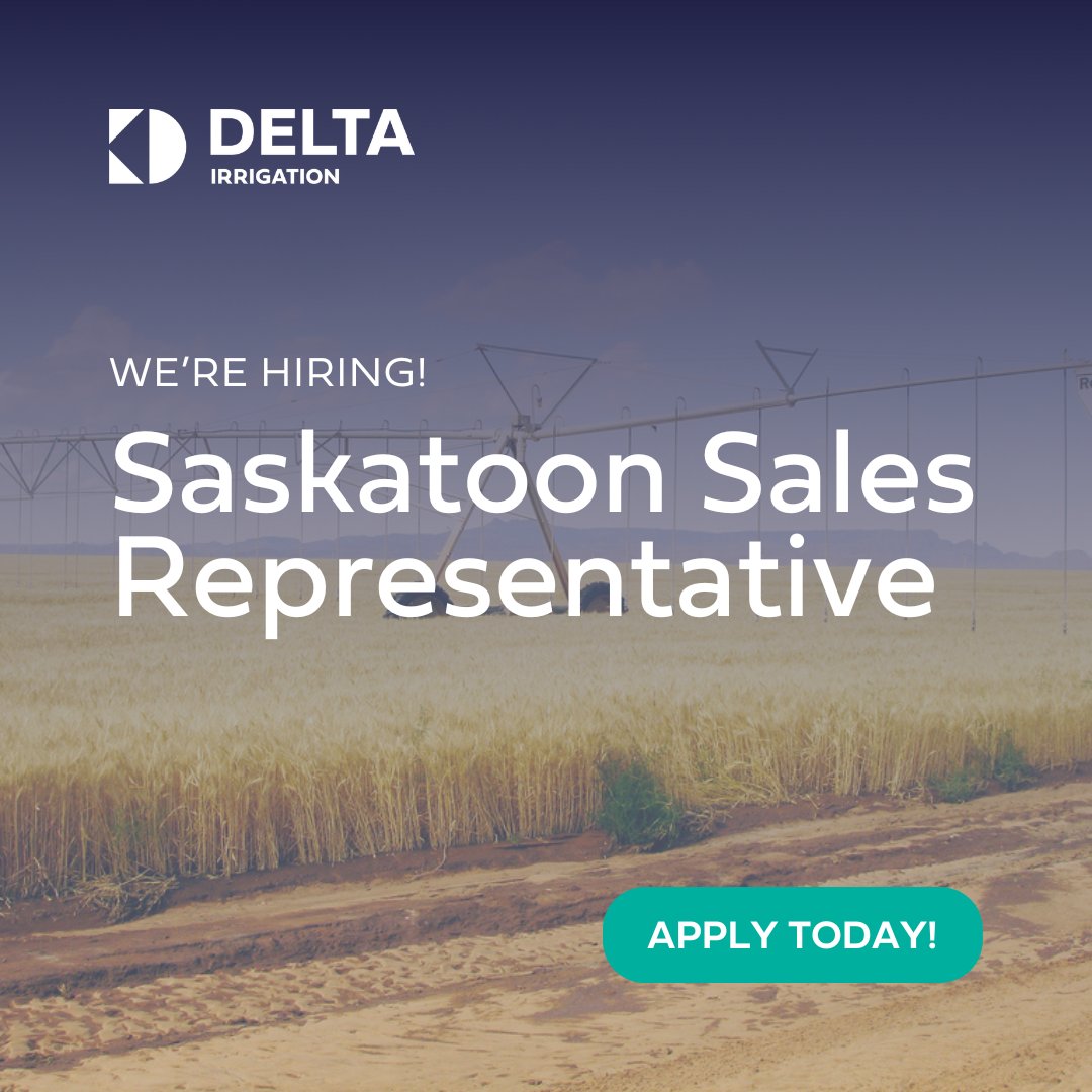 DeltaWaterTec's tweet photo. Delta Irrigation in Saskatoon is hiring a Sales Representative with pivot irrigation experience and a sales passion to identify and capitalize on irrigation project opportunities in Saskatchewan.

To learn more about the role and apply visit https://t.co/5giMGYeYLU  👈 https://t.co/binPNMHMR2