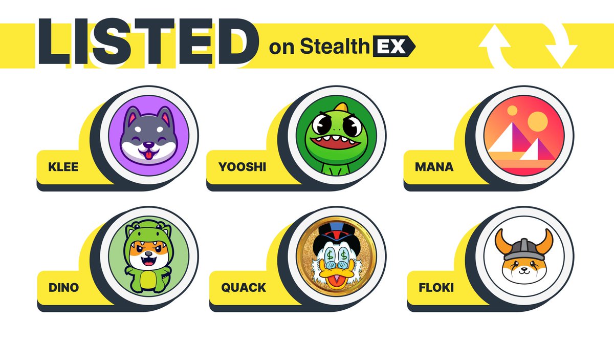 What #P2E project is your favourite? These #P2Etokens are available on StealthEX $KLEE - @KleeKaiETH $YOOSHI - @yooshi_official $MANA - @decentraland $DINO - @DinoLFG $QUACK - @RichQuack $FLOKI - @RealFlokiInu Swap 1500+ assets easily! stealthex.io/?to=yooshi 👈