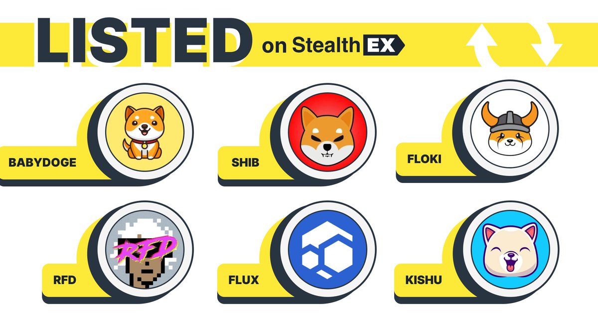 Getting #crypto with no registration/limits? Easy! 🔥 #BABYDOGE - @BabyDogeCoin $SHIB - @Shibtoken $FLOKI - @RealFlokiInu $RFD - @ReFundCoinETH $FLUX - @RunOnFlux $KISHU - @InuKishu Over 1500 assets are available for exchange on StealthEX.io Try it now!