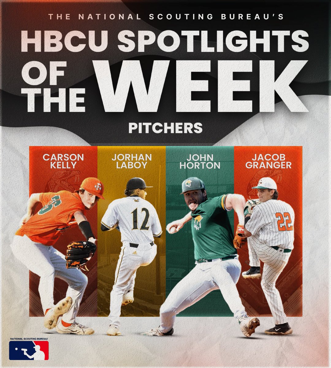 NSBScouting's tweet photo. The National Scouting Bureau presents the Weekly HBCU Pitcher Spotlights‼️

↙️By the Numbers↘️

@Cbk_34 : 7 IP, 1 ER, 5Ks, W 🐍

@JorhanLaboy : 7.2 IP, 3 ER, 7 Ks, W 🐝

John Horton: 7 IP, 0 ER, 5 Ks 🏰

Jacob Granger: 5 IP, 1 ER, 5 Ks, W 🐍

Please congratulate our Spotlights of the Week🔥 

#NSBPipeline