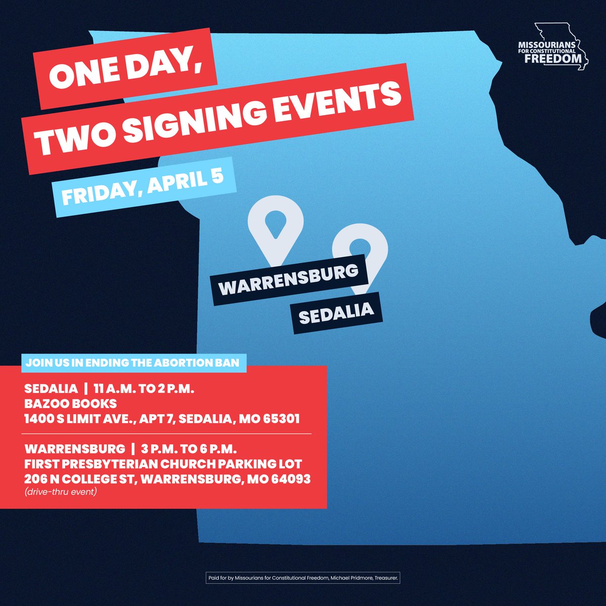 Join us in Sedalia and Warrensburg on April 5 to advocate for change! Help us #EndTheBanMO and secure reproductive freedom for all Missourians. Sign the petition and make your voice heard! Check out opportunities to sign and volunteer: mobilize.us/mfcf/