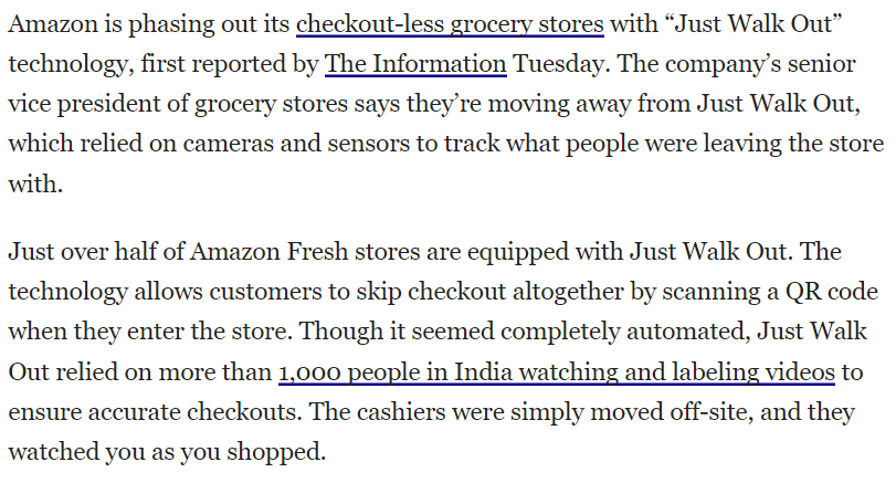 Any successful AI system that feels like magic is...a wrapper for low-cost humans doing the job half-way across the world! Exhibit #1293402 gizmodo.com/amazon-reporte…